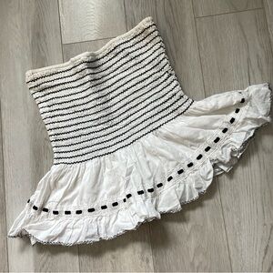 Vintage Strapless Top smocked striped ruffle crop womens White Black medium y2k